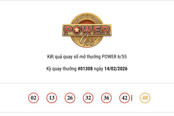 Kết quả xổ số Vietlott Power 6/55 hôm nay 14/02/2026 cả hai giải Jackpot vẫn chưa tìm thấy chủ nhân